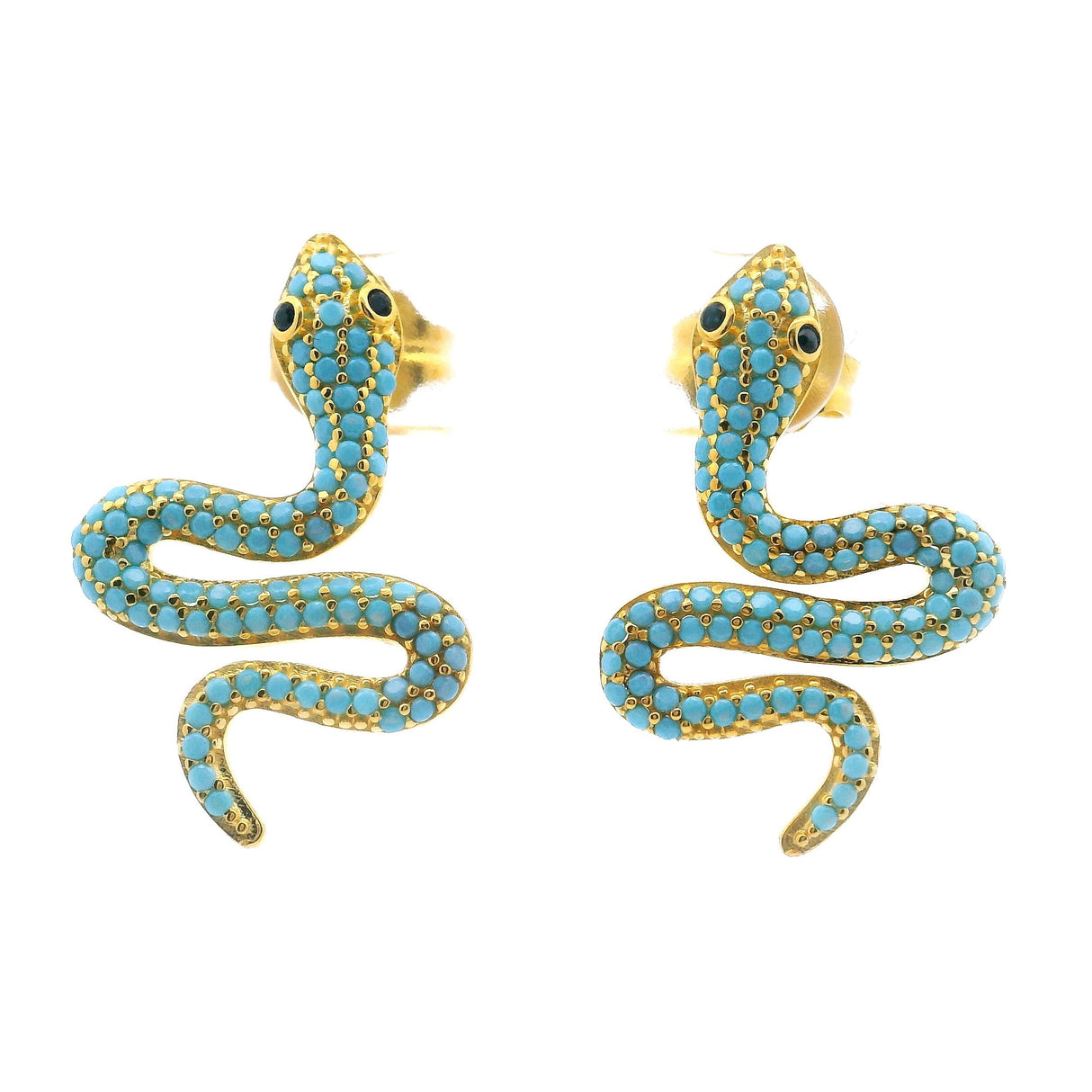 Nano Crystal Stud Earrings - Turquoise Snake with Blue Eyes in Gold Vermeil over 925 Sterling Silver