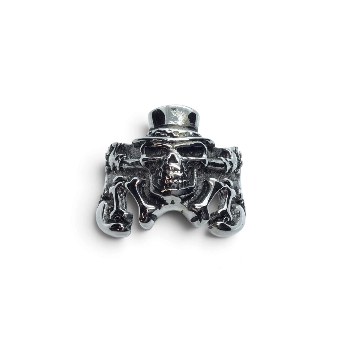 Rare Earth Gallery stainless steel skull ring featuring a skull wearing a top hat with crossbones design