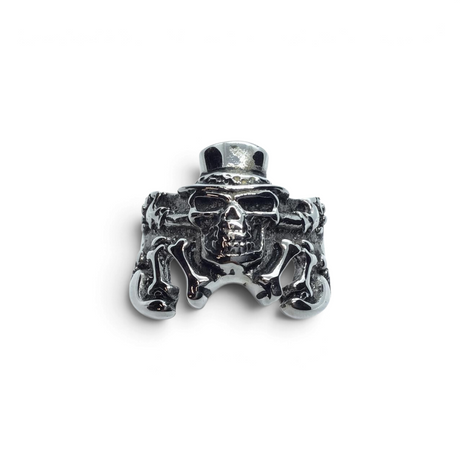 Rare Earth Gallery stainless steel skull ring featuring a skull wearing a top hat with crossbones design