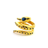 Nano Stone Ring - Wrap-around Gold Snake with Blue Eyes & Blue Beaded Accents in Gold Vermeil over 925 Sterling Silver sz6