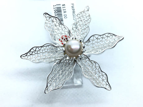 View of Freshwater Pearl Lily Ring - Pearl Center With Raised Scalloped Silver Bezel With Dainty Cross Hatch Silver Wire Filled Petals Sz6