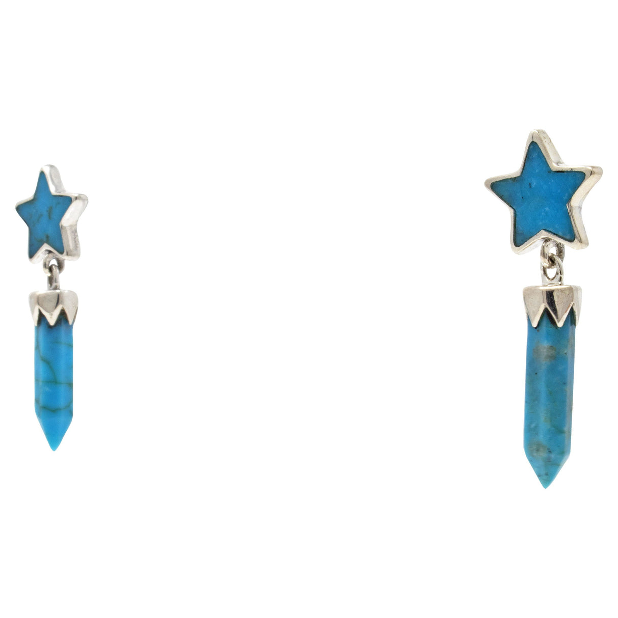 Turquoise Dangle Earrings on-post - Terminated Point with 5-Sided Star on Top with Silver Bezel