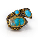 Persian Turquoise Ring Size 7.5 - 2 Oval Cabochons & 1 Round Cabochon with Gold Vermeil Bezels & Beading on Branching Wood Grain Stamped Oxidized Sterling Silver Band with Gold Accents