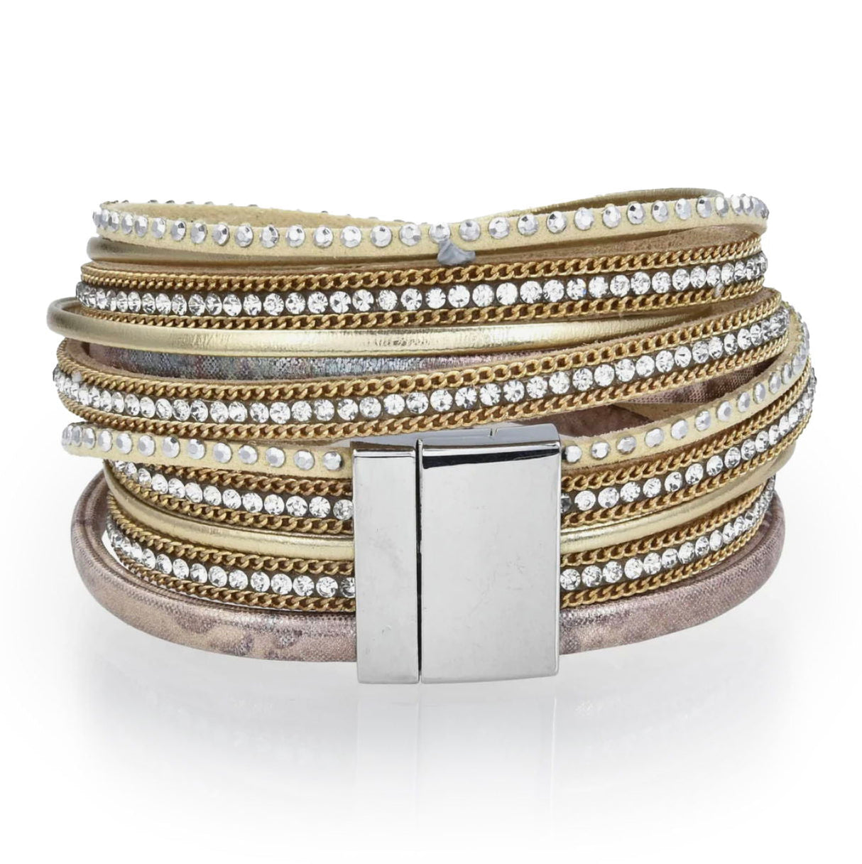 Tree of Life Design Gold Leather & Pearls Double Wrap Bracelet with Magnetic Clasp - Sacred Geometry