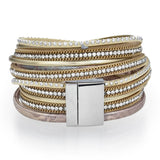 Tree of Life Design Gold Leather & Pearls Double Wrap Bracelet with Magnetic Clasp - Sacred Geometry