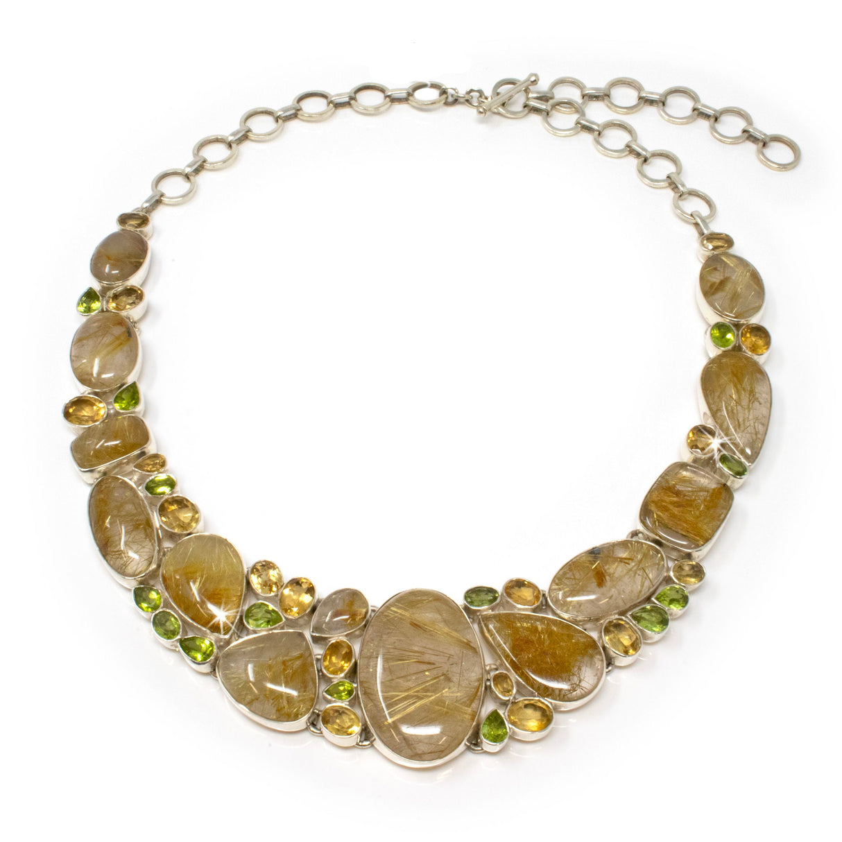 Golden Rutile Quartz Necklace with Faceted Citrine & Peridot - Large Geometric Cabochons with Matrix of Faceted Peridot & Citrine with Silver Bezels & Adjustable Toggle Clasp