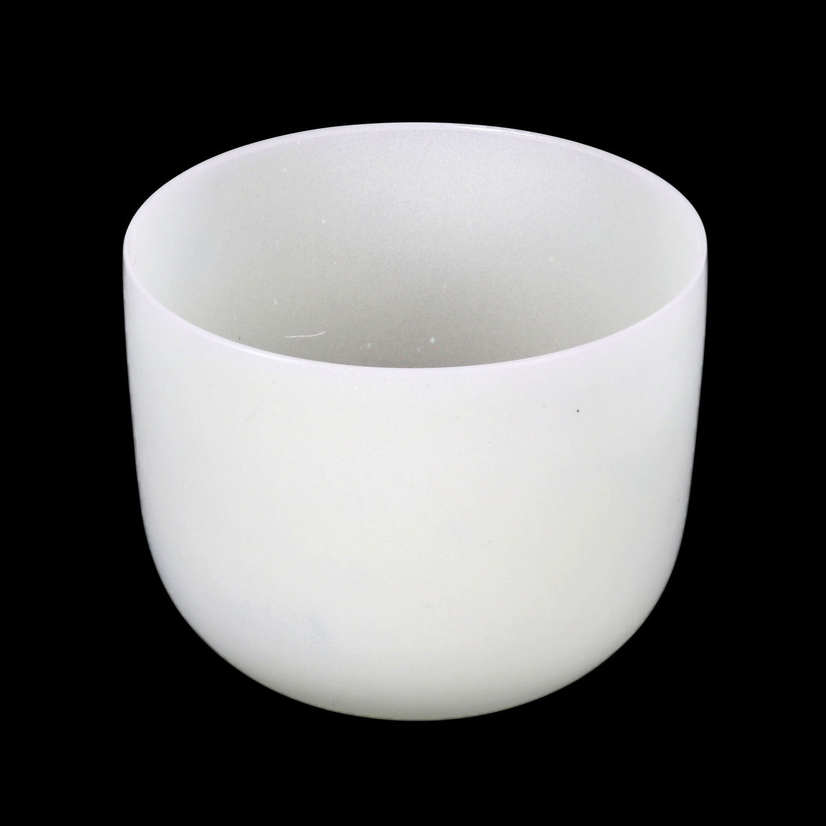 10-inch frosted white quartz F note singing bowl shown against a black background