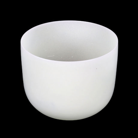 10-inch frosted white quartz F note singing bowl shown against a black background