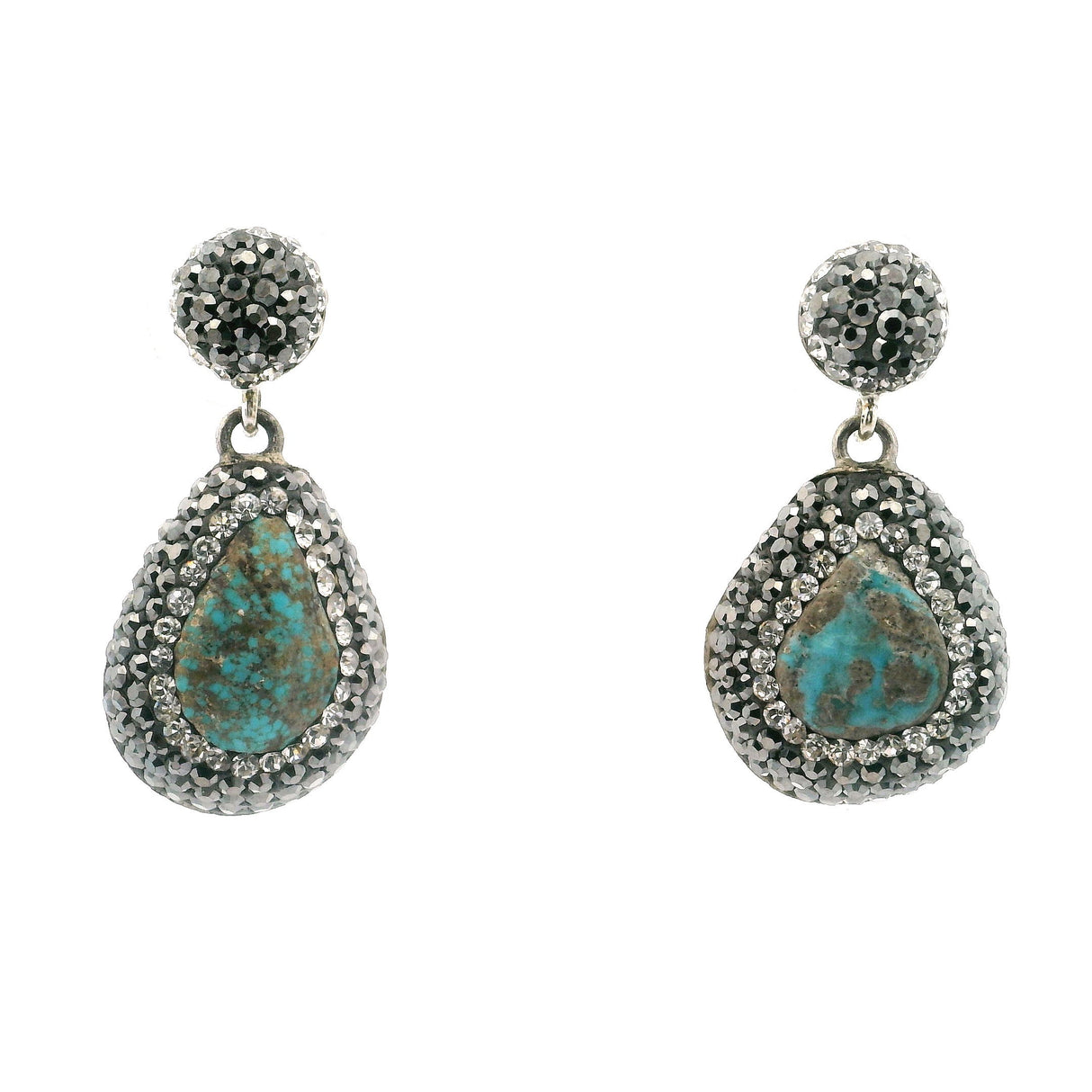 Persian Turquoise Dangle Earrings - Short Pear with Tan Inclusions Surrounded by Rows of Silver Swarovski Crystals & Marcasite Hanging from Round in 925 Sterling Silver