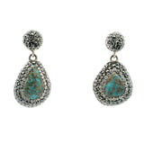 Persian Turquoise Dangle Earrings - Short Pear with Tan Inclusions Surrounded by Rows of Silver Swarovski Crystals & Marcasite Hanging from Round in 925 Sterling Silver