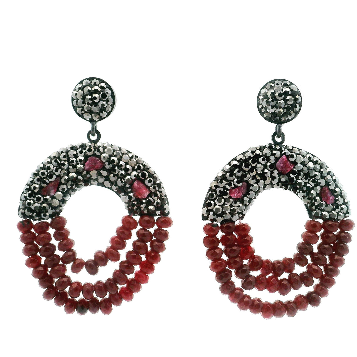 Ruby Dangle Earrings - Marcasite Half-Donut with 3 Dainty Raw Rubies & 3 Hanging Strands of Faceted Ruby Rondelles in Dark Finish over 925 Sterling Silver