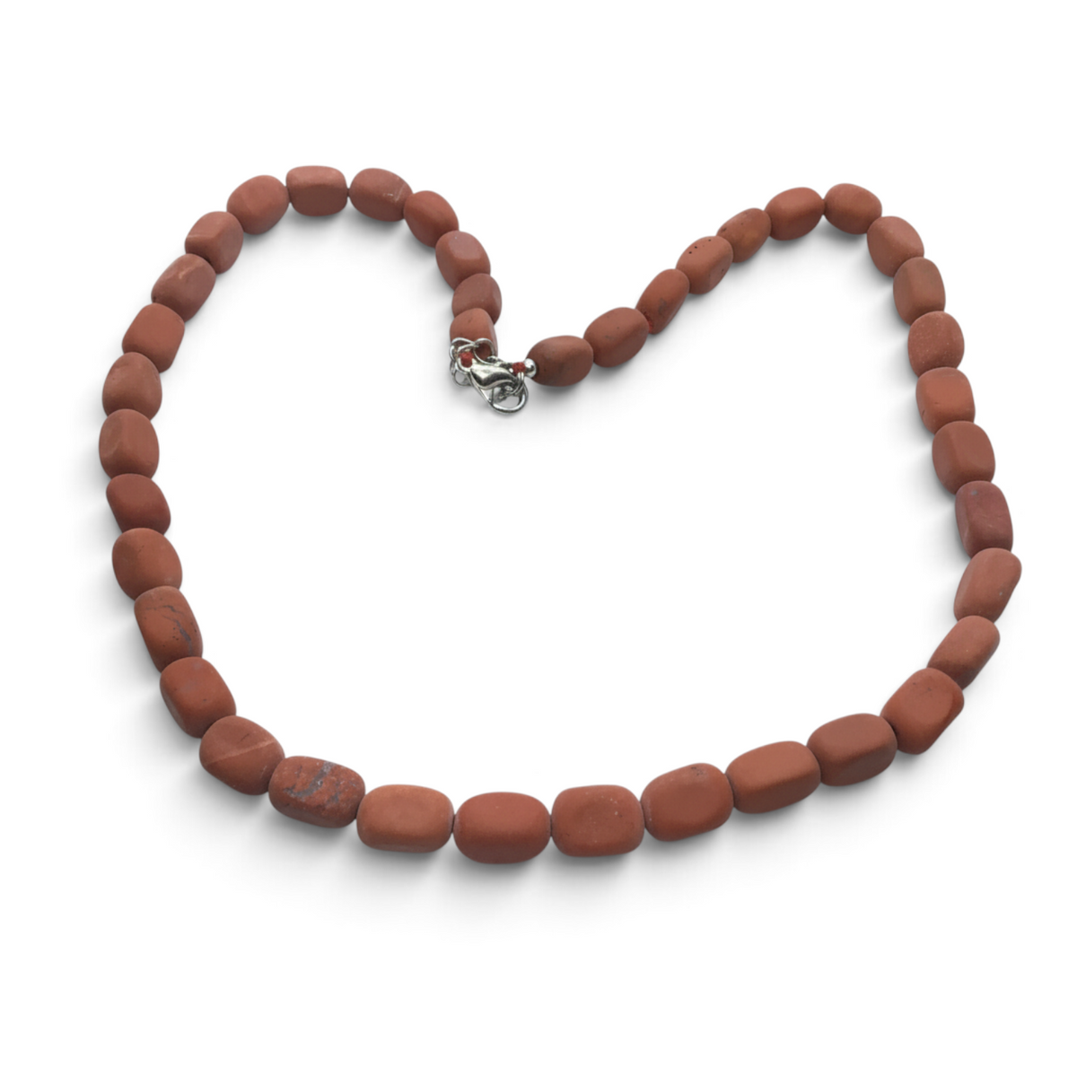 Rare Earth Gallery matte red jasper necklace featuring tumbled rectangular beads and a silver clasp