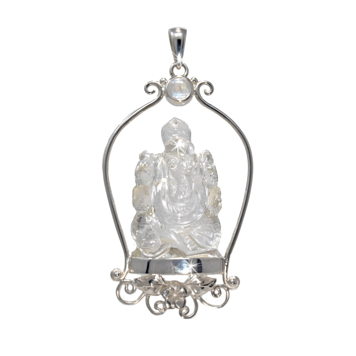 Carved Ganesha Quartz Pendant with Round Rainbow Moonstone Cabochon Set on Silver Perch with Leaves & Filigree on Bottom