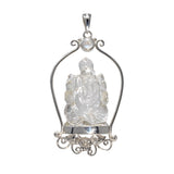 Carved Ganesha Quartz Pendant with Round Rainbow Moonstone Cabochon Set on Silver Perch with Leaves & Filigree on Bottom