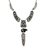 Silver micro-inlay necklace with turquoise goddess figures, feathers and bear in multicolor stone