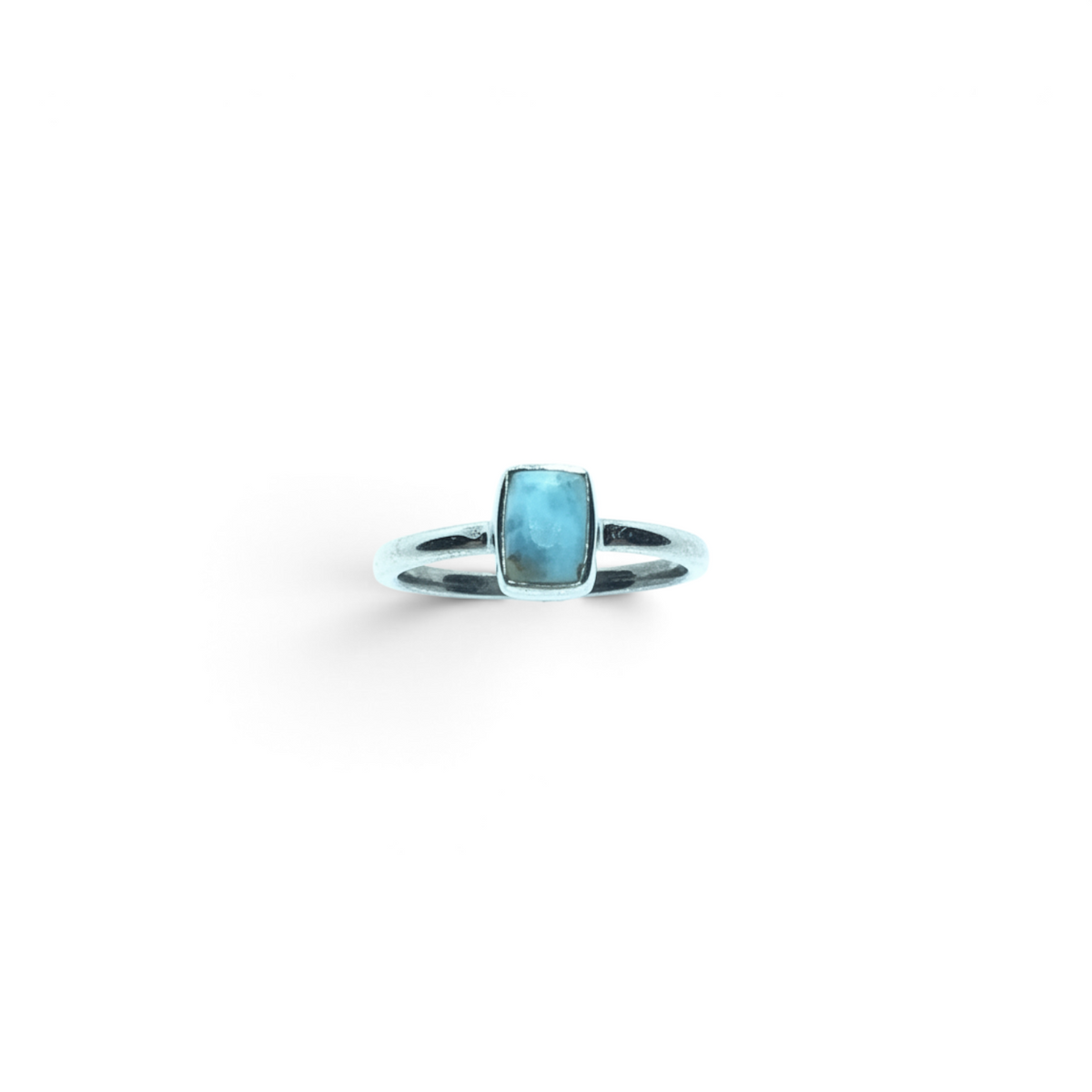 Rare Earth Gallery Larimar ring featuring a mini rectangular stone set in a polished silver bezel and band.