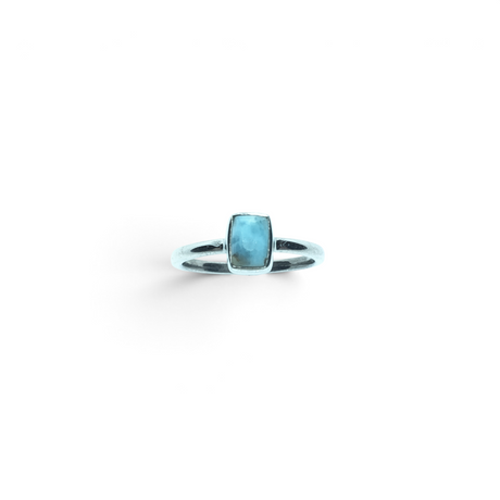 Rare Earth Gallery Larimar ring featuring a mini rectangular stone set in a polished silver bezel and band.