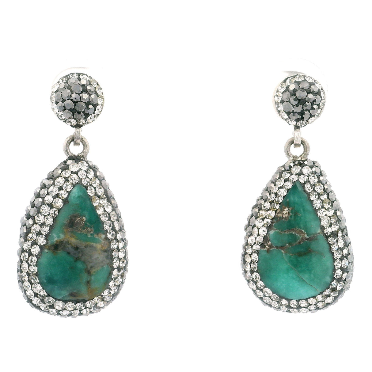 Persian Turquoise Dangle Earrings - Pear with Brown Inclusions Surrounded by Rows of Silver Swarovski Crystals & Marcasite Hanging from Round in 925 Sterling Silver