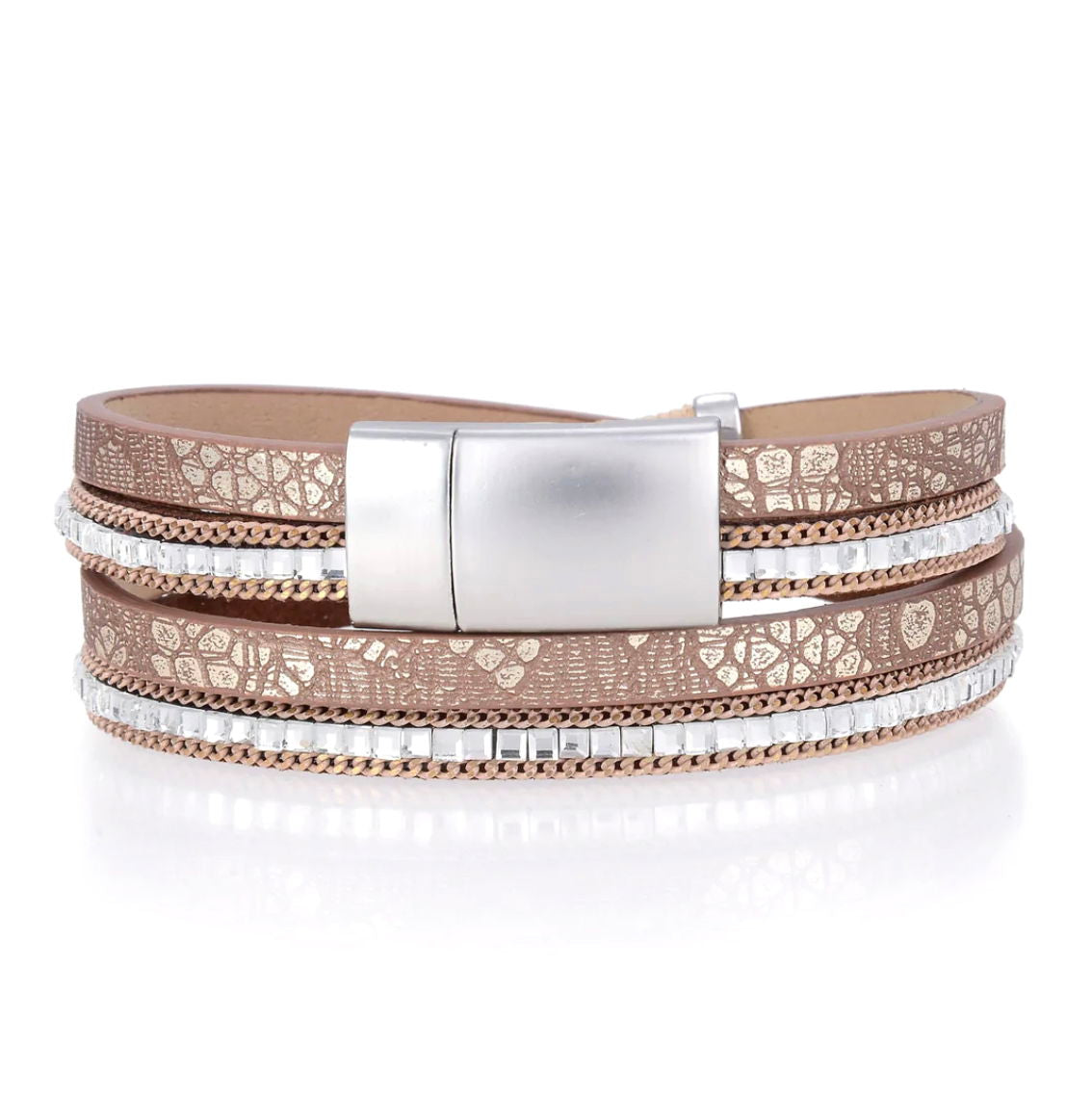 Double Wrap Animal Print on Brown Leather with Faceted Peach Oval Feature with Magnetic Clasp
