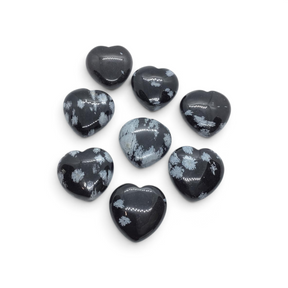 Rare Earth Gallery polished snowflake obsidian puffy heart stones with white snowflake patterns on black volcanic glass