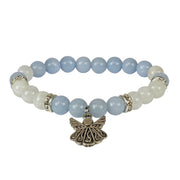 Angelite and rainbow moonstone 8mm bead bracelet with crystal rondelles and a silver angel charm