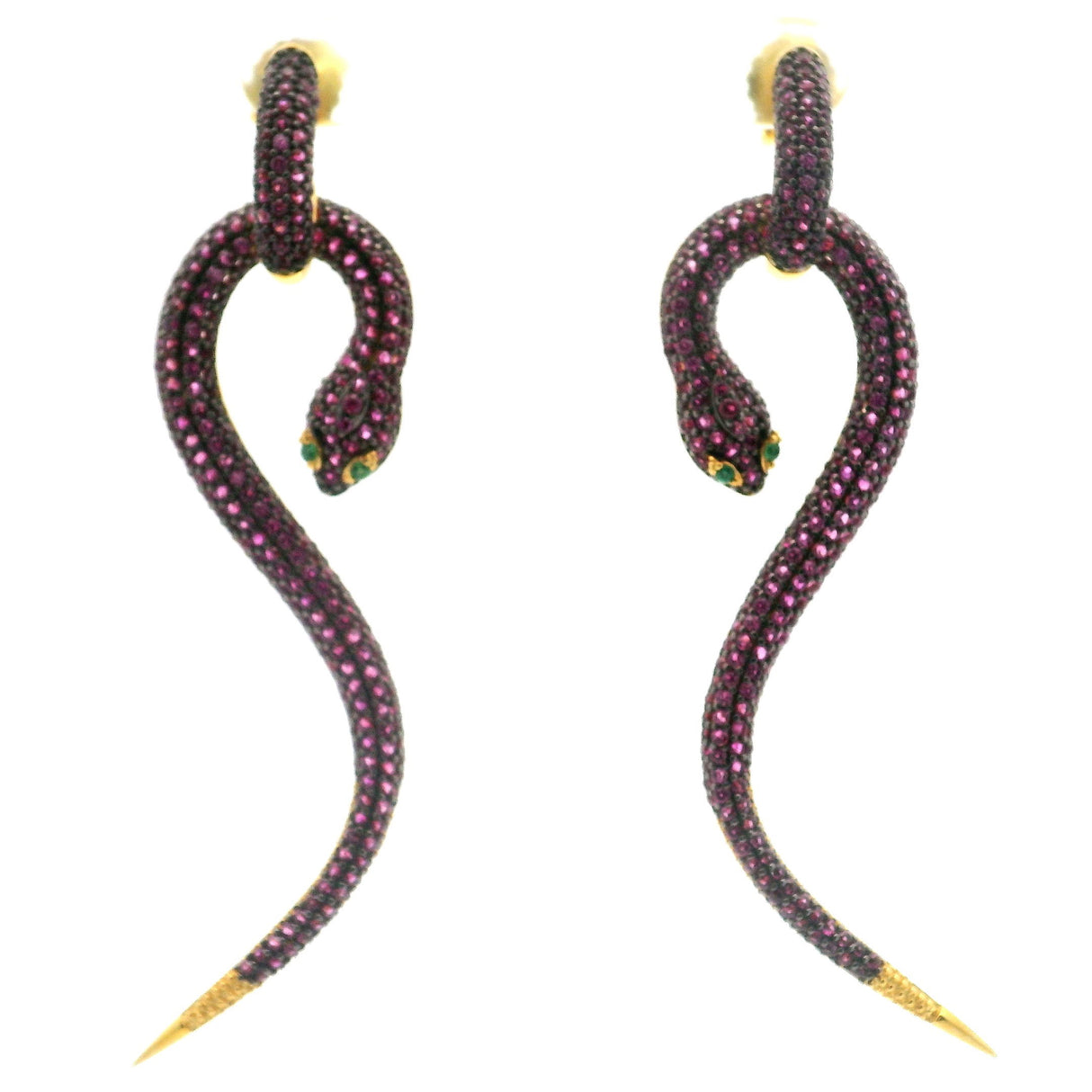 Nano Stone Dangle Earrings - Long Pink Snake with Green Eyes in Gold Vermeil over 925 Sterling Silver