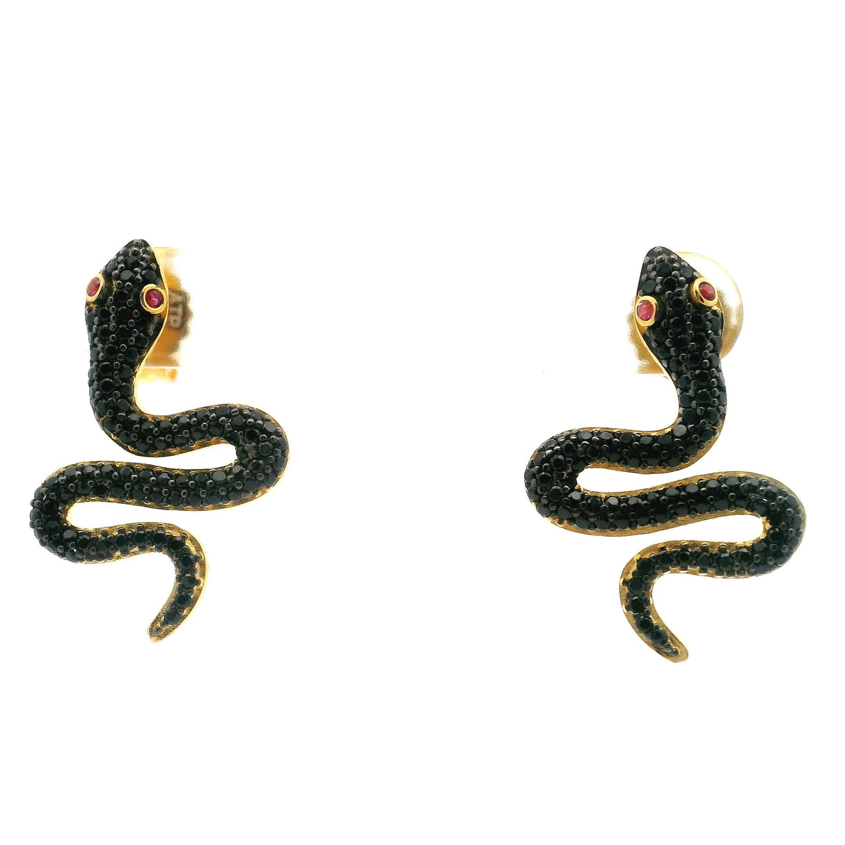 Nano Stone Stud Earrings - Black Snake with Red Eyes in Gold Vermeil over 925 Sterling Silver
