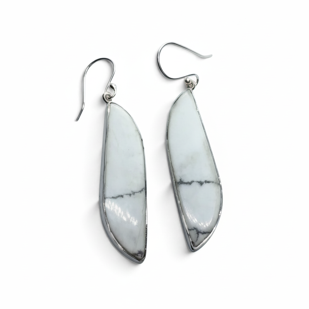 Rare Earth Gallery elongated S-shape howlite cabochon dangle earrings set in 925 sterling silver bezels