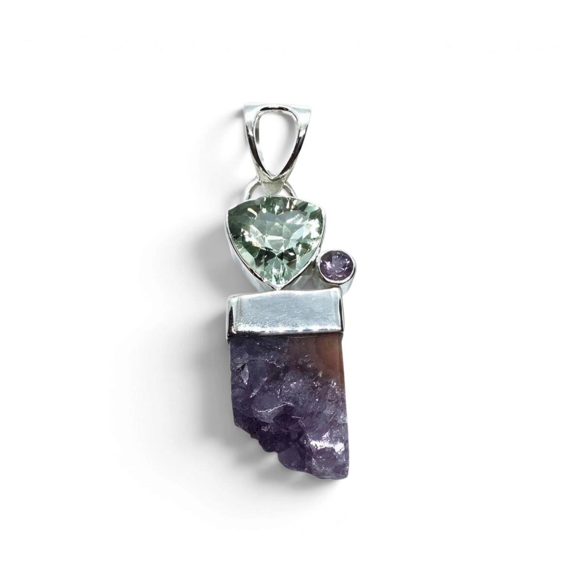Rare Earth Gallery prasiolite trillion pendant with amethyst round, stalactite slice, and mauve agate in silver bezel