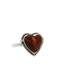 Red Jasper Ring - Heart Cabochon with Black Striation Splitting Diagonal Peach Striations Bezel Set with Rope Detail in Simple 925 Sterling Silver sz8