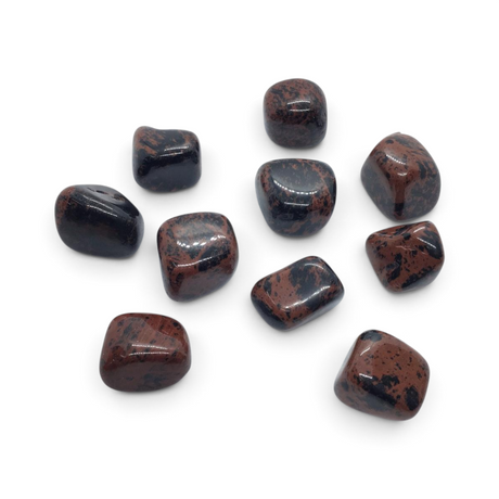 Rare Earth Gallery tumbled mahogany obsidian stones from Mexico with smooth, polished black and reddish-brown surfaces.