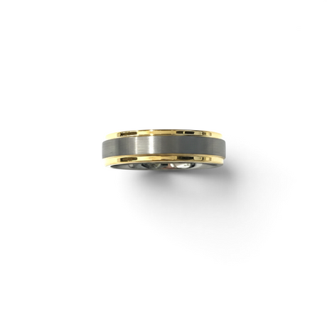 Rare Earth Gallery 6mm tungsten ring featuring a brushed grey center and polished yellow gold plated edges