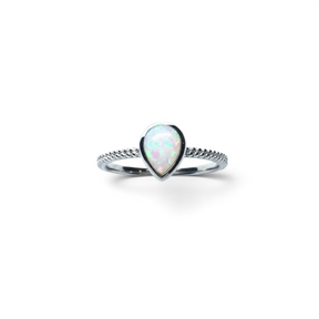 Rare Earth Gallery pear-shaped white opal ring featuring a delicate textured band in a polished silver setting.