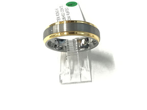 Tungsten ring, 6mm brushed center with yellow gold-plated stepped edges, size 9