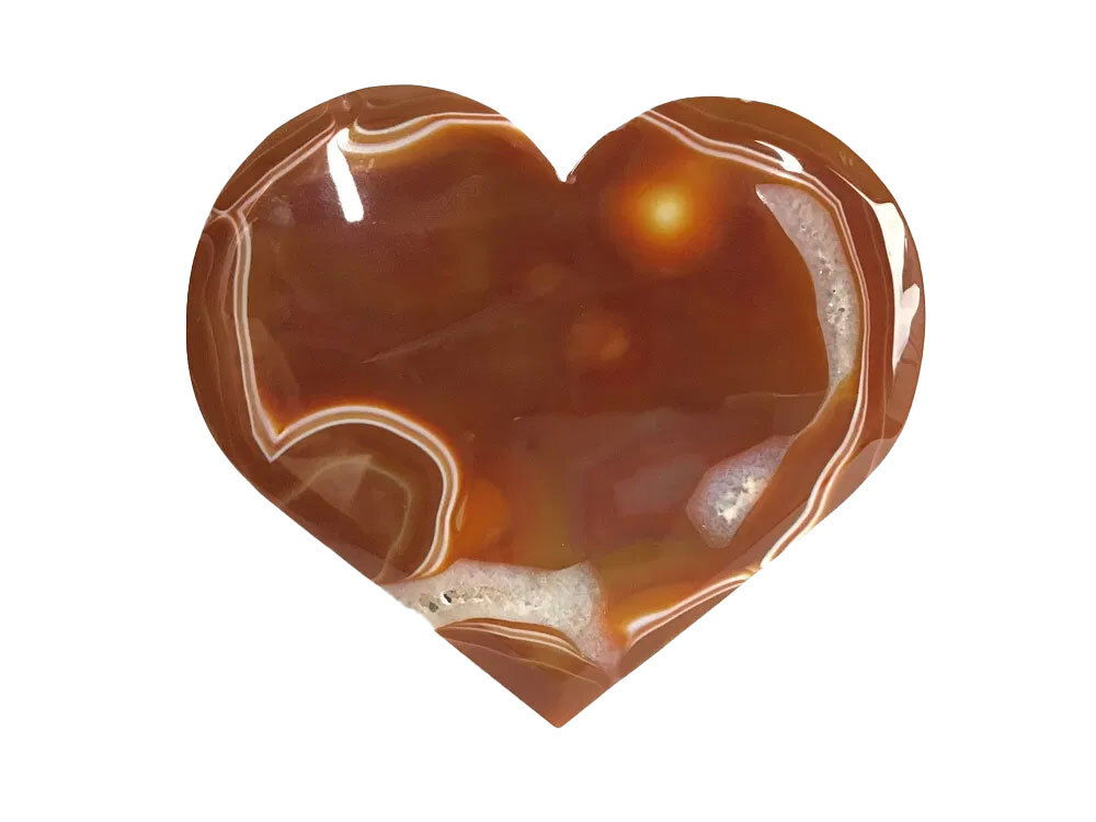 Sardonyx Carnelian Agate Heart Flat on Lucite Stand with Tubular Agate Patterns & Teeny Druze Vug