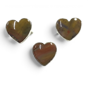 Rare Earth Gallery heart-shaped Arizona petrified wood rings with polished silver bezels on a white background