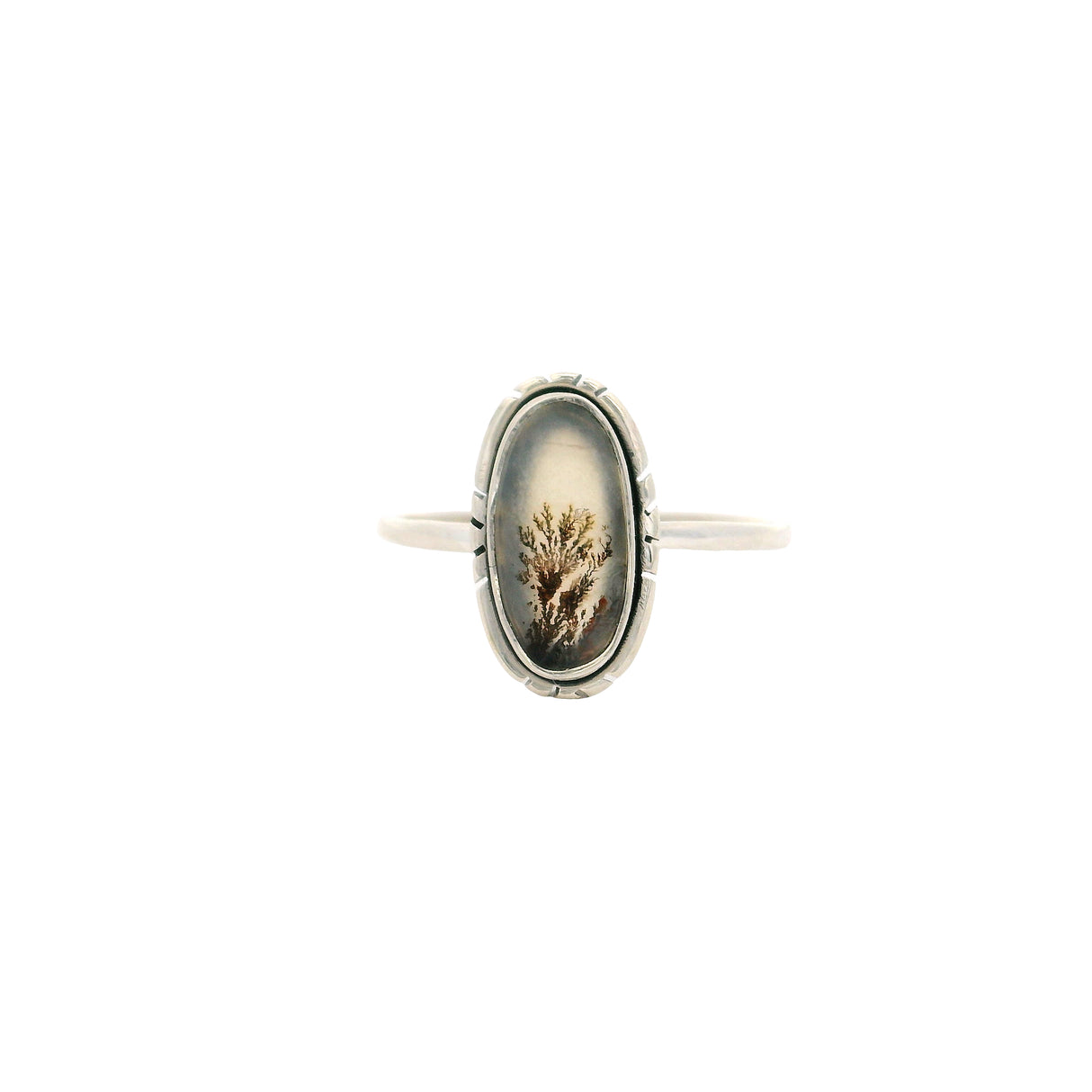 Dendritic Agate Flat Cabochon Bezel Set Ring in Feather Flare Design