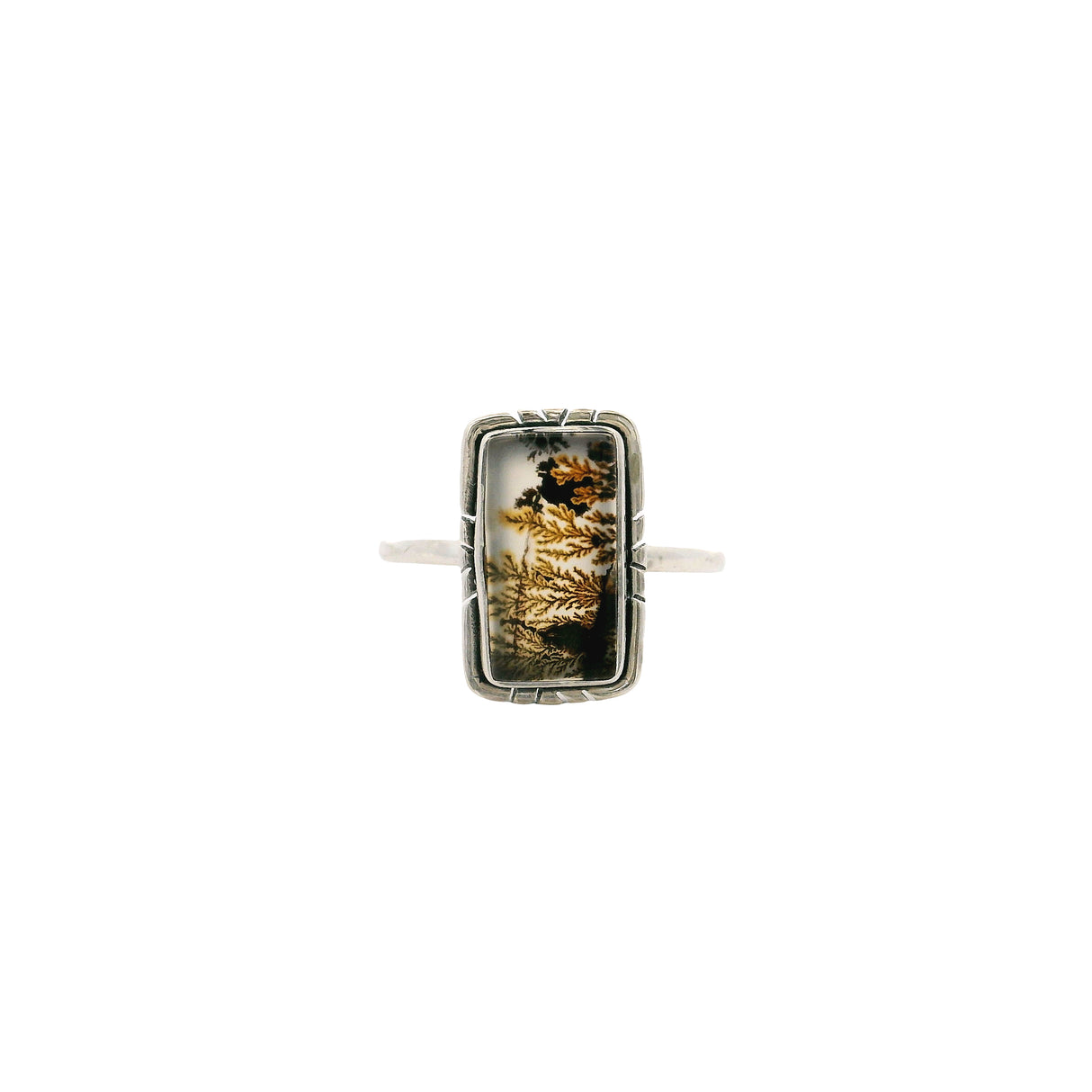 Dendritic Agate Flat Cabochon Bezel Set Ring in Feather Flare Design