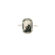 Dendritic agate rectangular cabochon ring, black tree-like dendrites on white, silver studded bezel