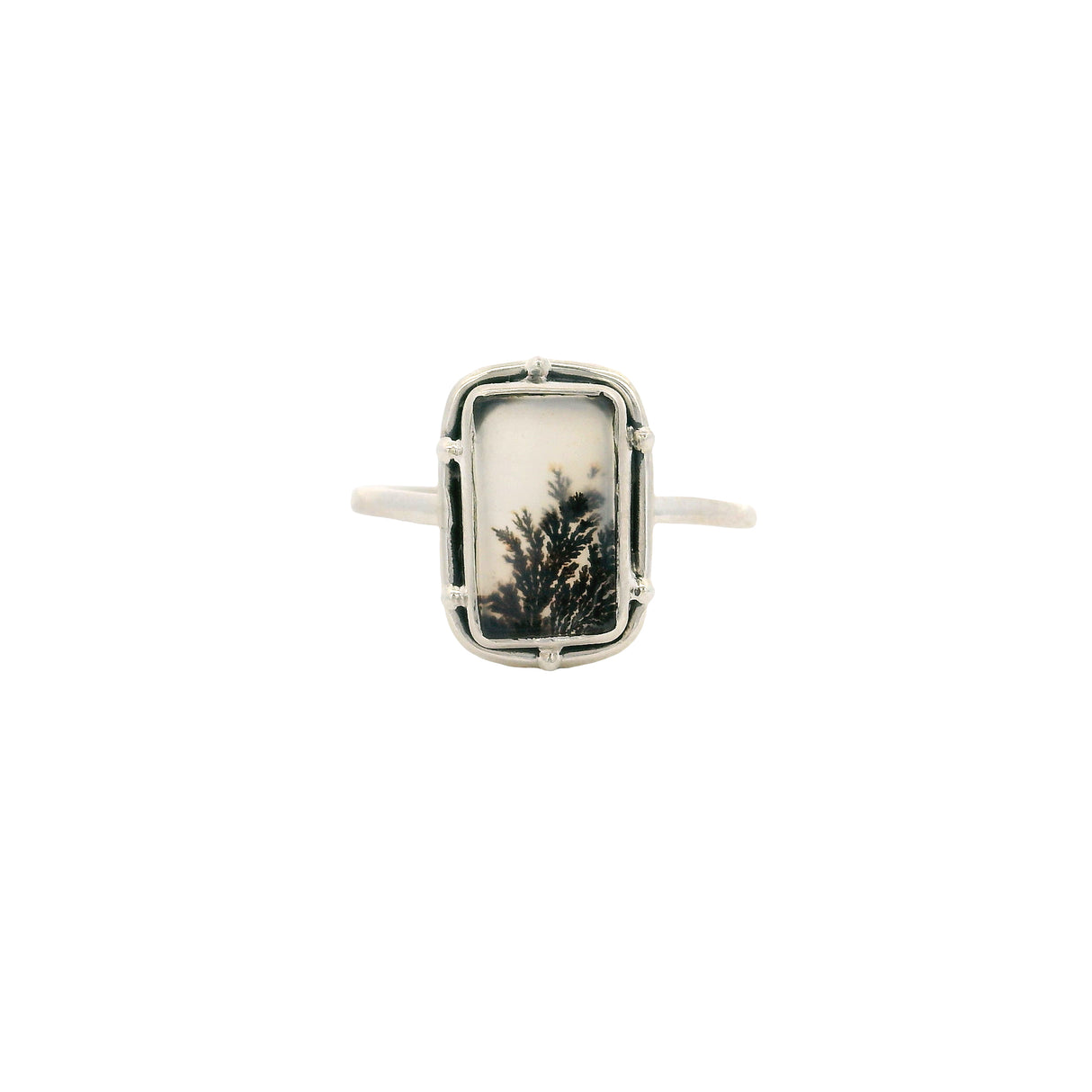 Dendritic Agate Flat Cabochon Bezel Set Ring in Studded Design