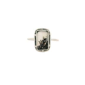 Dendritic agate rectangular cabochon ring, black tree-like dendrites on white, silver studded bezel
