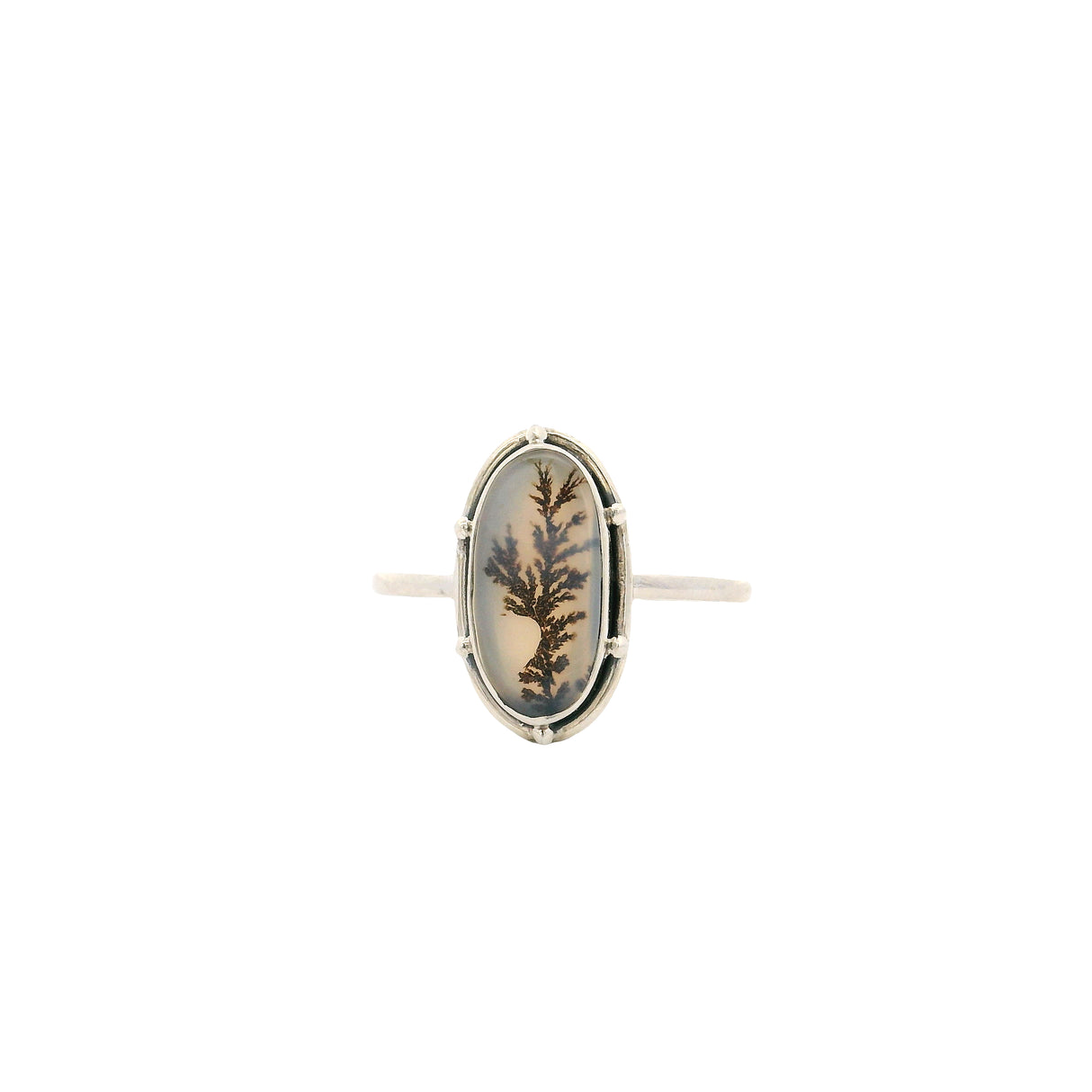 Dendritic Agate Flat Cabochon Bezel Set Ring in Studded Design