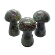 Three polished dragon bloodstone mushroom carvings with green and red mottling, sold singly