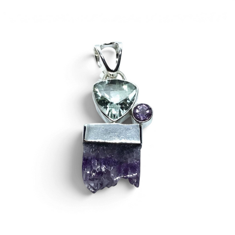 Rare Earth Gallery prasiolite trillion pendant with amethyst round, stalactite slice, and green agate in silver bezel.
