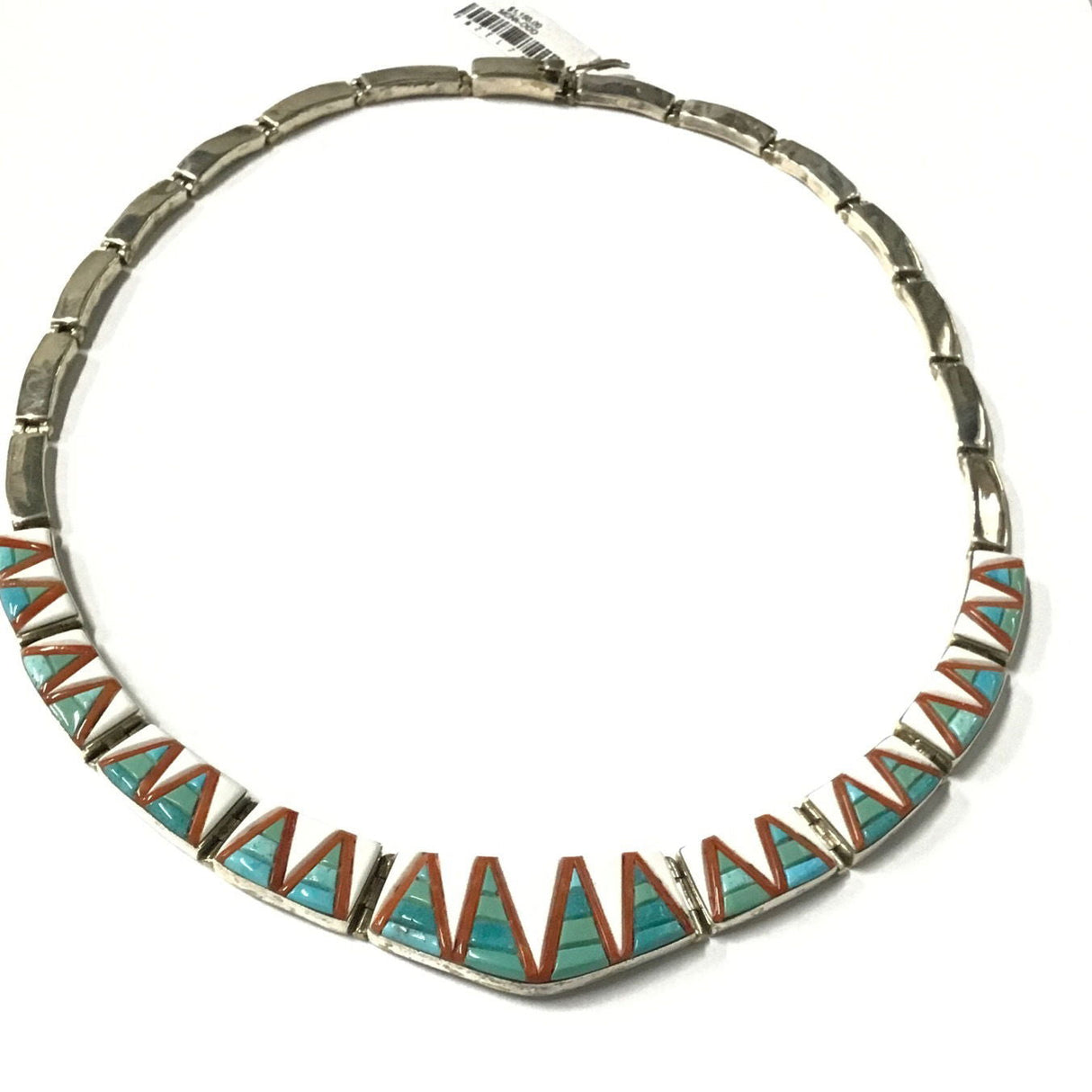 Popcorn Inlay Necklace - Az Tq With Dolomite & Coral Rectangular Linked With Silver Rectangles & Box