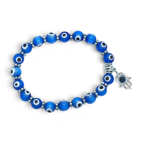 Rare Earth Gallery water blue evil eye beaded bracelet featuring a silver hamsa hand charm and metallic spacers
