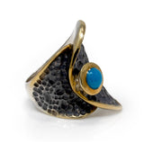 New Mexico (Campositos) Turquoise Ring - Round Cabochon with Gold Vermeil Bezel Set on Hammered Oxidized Band with "Falling Leaf" Folded Design - Gold Vermeil Size 7