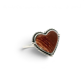 Red jasper heart cabochon with peach striations in sterling silver rope-detail half bezel