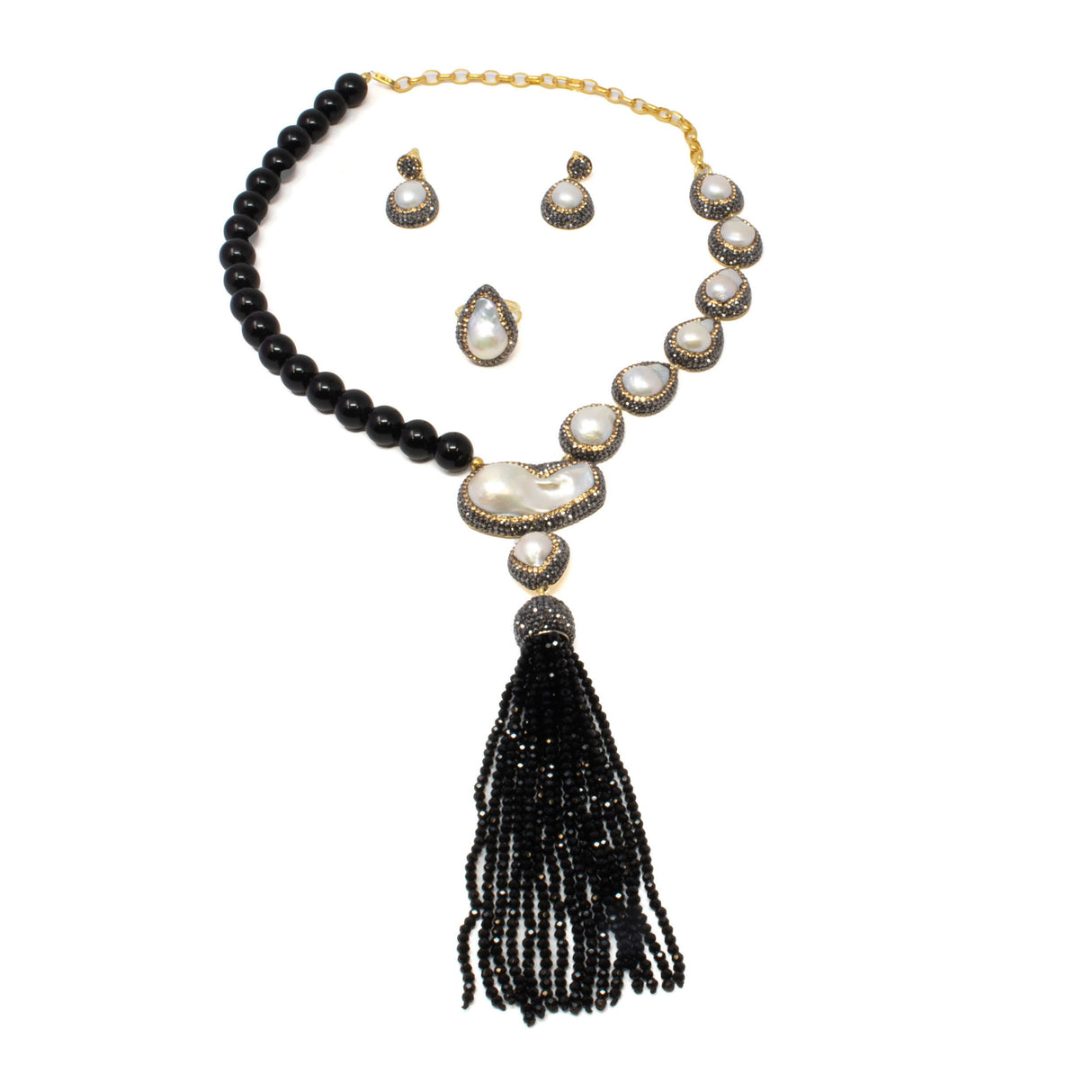 Baroque Pearl Set (Necklace; Earrings; Ring) - Half Pearls with Marcasite & Half Black Onyx Beads Necklace with Black Swarovski Tassel - Matching Ring & Dangle Post Earrings with Marcasite & Gold Swarovski Crystals