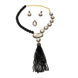 Baroque Pearl Set (Necklace; Earrings; Ring) - Half Pearls with Marcasite & Half Black Onyx Beads Necklace with Black Swarovski Tassel - Matching Ring & Dangle Post Earrings with Marcasite & Gold Swarovski Crystals
